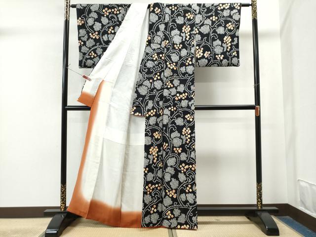 平和屋着物○上質な小紋 総絞り 花唐草文 黒地 正絹 逸品 CAAS7296yc