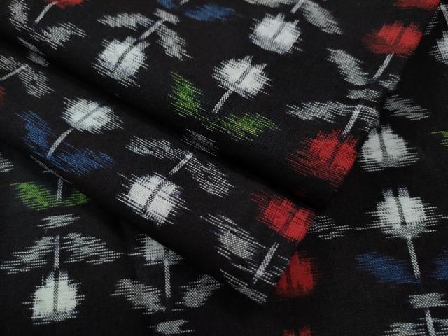 平和屋着物▽久留米絣　単衣　草花文　黒地　綿　逸品　CAAS7341yc