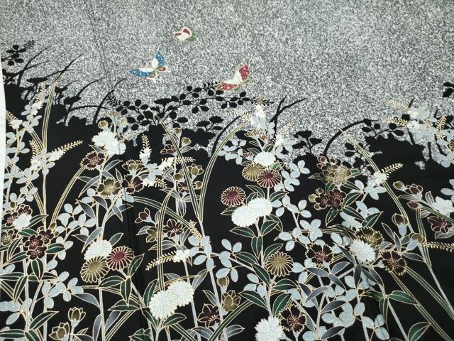 平和屋着物○訪問着 花蝶文 たたき染め 黒地 金彩 さが美扱い 正絹