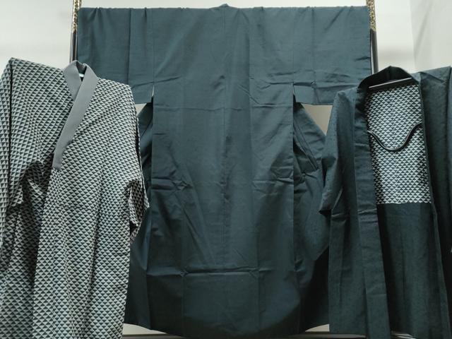平和屋着物●男性　紬・髭紬羽織・長襦袢セット　色無地　高麗納戸色　キングサイズ　正絹　逸品　CAAS7451yc