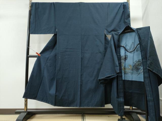 平和屋着物●男性　紬・髭紬羽織セット　色無地　留紺色　キングサイズ　正絹　逸品　未使用　CAAS7486yc