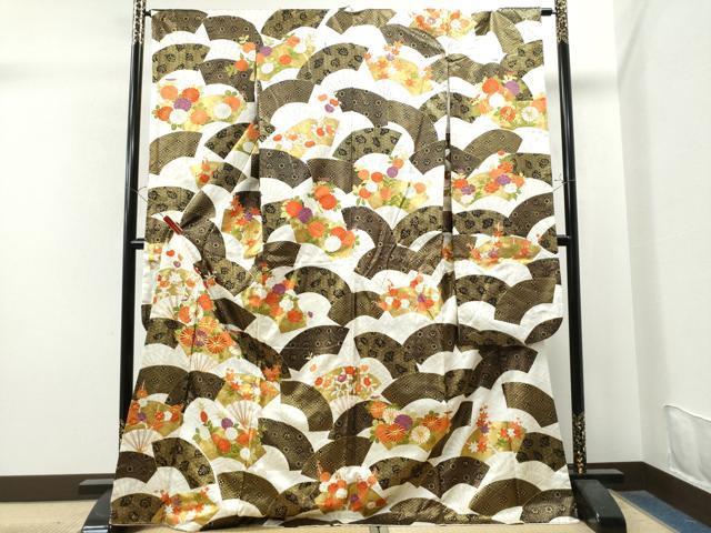 平和屋着物●豪華振袖　駒刺繍　扇面吉祥草花文　金彩　正絹　逸品　CAAS7558yc