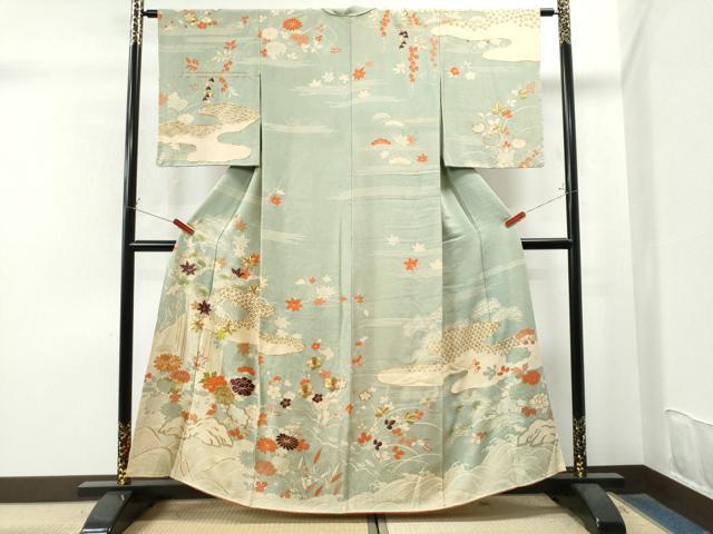 平和屋着物○訪問着 駒刺繍 霞松竹梅花文 金彩 鬼しぼ縮緬