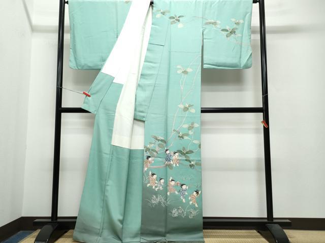 平和屋着物●十日町友禅作家　関口遼一　訪問着　手描き　童子遊び　葡萄蔦の葉文　暈し染め　正絹　逸品　未使用　CABB4805vp 平和屋着物○十日町友禅作家 関口遼一 訪問着 童子遊び 暈し染め