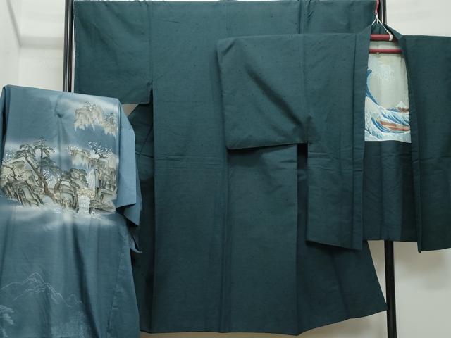 平和屋着物●男性　紬　アンサンブル・長襦袢セット　黒緑色　正絹　逸品　CAAS8500vf