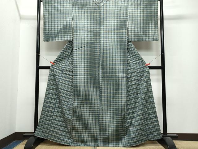 平和屋着物○民芸真綿手織紬 格子柄 反端付き 正絹 逸品 CAAS8600vf