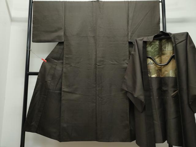 平和屋着物●男性　お召　羽織セット　憲法黒茶色　赤墨色　正絹　逸品　CAAS8604vf