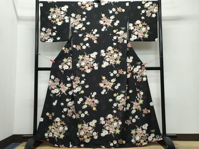 平和屋着物○小紋 草花文 黒地 鬼しぼ縮緬 洗える着物 CAAS8710vf