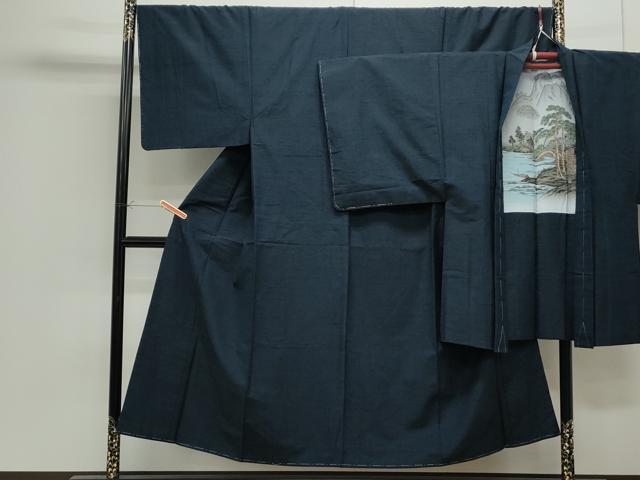 平和屋着物●男性　紬　アンサンブル　色無地　留紺色　正絹　逸品　未使用　CAAS9203th
