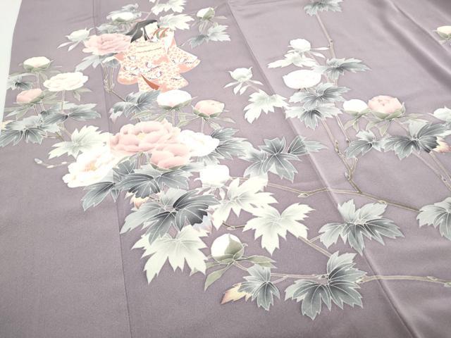 平和屋着物○訪問着 友禅 南天蔦の葉に休み鳥 正絹 逸品