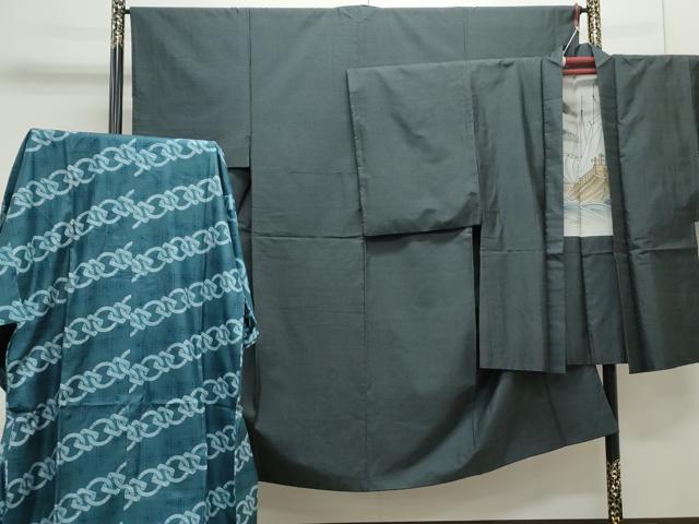 平和屋着物●男性　紬　アンサンブル　長襦袢セット　80亀甲　正絹　逸品　CAAS9342th