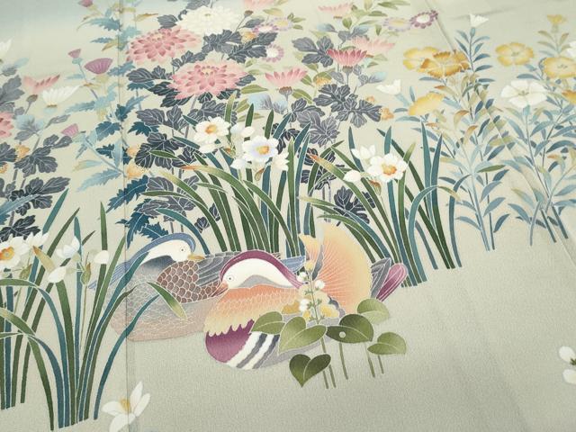 平和屋着物●訪問着　友禅　作家物　鴛鴦草花文　暈し染め　正絹　逸品　CAAS9359th 平和屋着物○訪問着 友禅 作家物 鴛鴦草花文 暈し染め 正絹