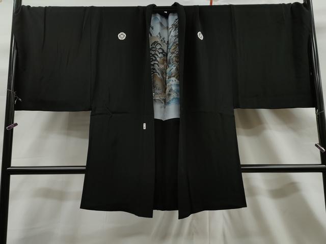 平和屋着物＃男性　黒紋付　長羽織　羽裏：人物風景文　キングサイズ　正絹　逸品　CAAT0457dy