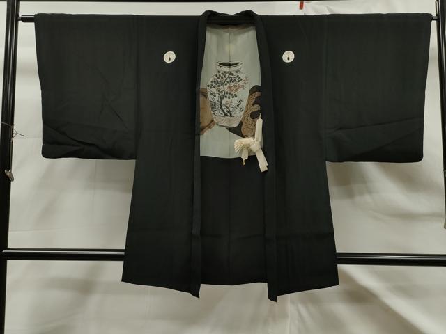 平和屋着物＃男性　黒紋付　羽織　羽裏：人物仕覆文　正絹　逸品　CAAT0466dy