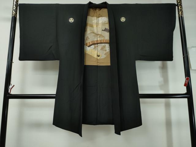 平和屋着物＃男性　黒紋付　長羽織　羽裏：絵巻風景文　正絹　逸品　CAAT0479dy