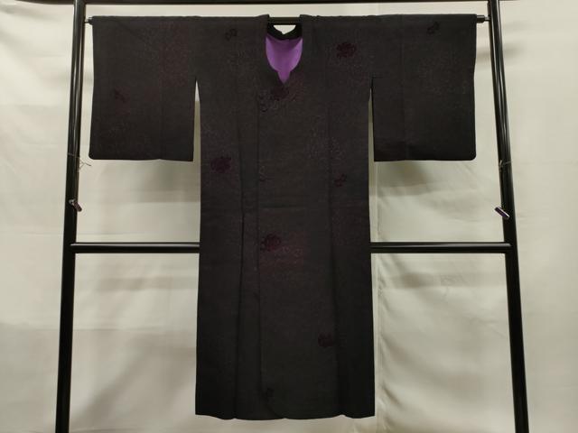 平和屋着物＃道行コート　輪奈ビロード　菊花地紋　黒紅色　ロング丈　正絹　逸品　CAAT0509dy