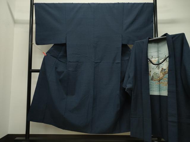 平和屋着物●男性　紬　アンサンブル　濃紺地　正絹　逸品　CAAT0563dy