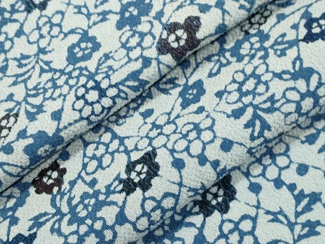 平和屋着物▽上質な小紋　単衣　藍　型染め　草花文　鬼しぼ縮緬　正絹　逸品　CAAT0737dy