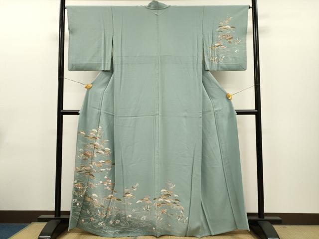 平和屋着物▽訪問着　単衣　松竹梅風景文　たたき染め　金彩　正絹　逸品　CAAT0773dy