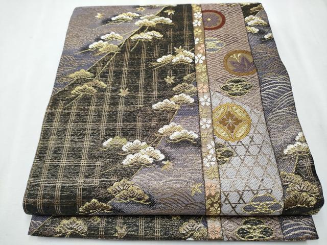 平和屋着物□六通柄袋帯 草花文 黒地 金糸 やまと誂製 逸品