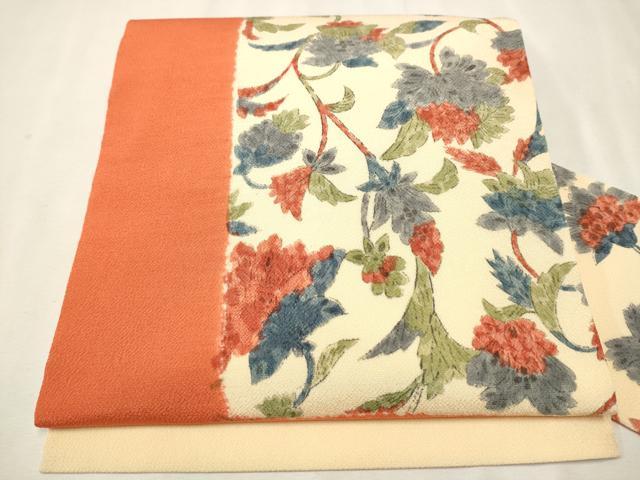 平和屋着物●摺型友禅　京都　多ち花 　九寸名古屋帯　更紗花唐草文　鬼しぼ縮緬　正絹　逸品　CAAT0904hy