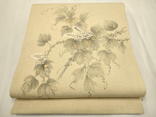 平和屋着物●内山晴祥　手描き　八寸名古屋帯　紬地　蔦の葉花文　金彩　正絹　逸品　CAAT0938hy