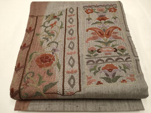 平和屋着物●中国三大刺繍　スワトウ相良刺繍　総刺繍　太鼓柄袋帯　紬地　花唐草文　正絹　逸品　CAAT0962hy