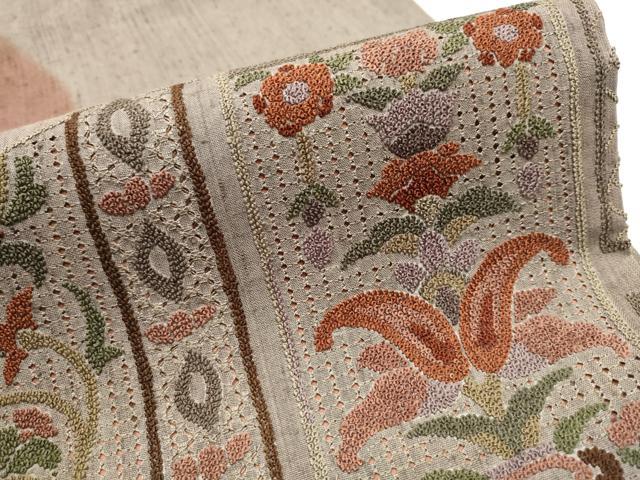 平和屋着物○中国三大刺繍 相良刺繍 太鼓柄袋帯 紬地 地