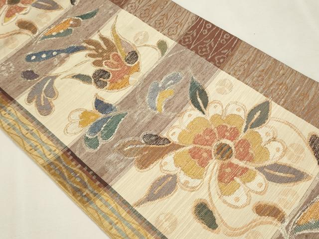 平和屋着物○六通柄袋帯 紬地 草花文 金銀糸 正絹 逸品