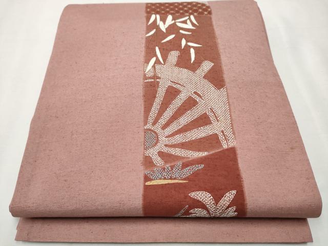 平和屋着物●太鼓柄袋帯　紬地　総刺繍　短冊吉祥文　金糸　正絹　逸品　CAAT1021hy