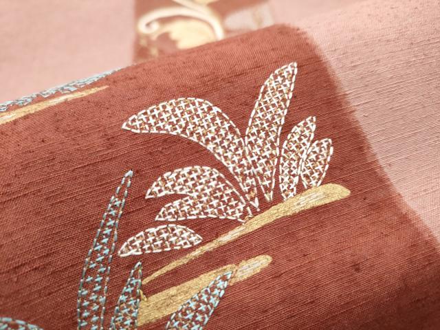 平和屋着物○太鼓柄袋帯 紬地 総刺繍 短冊吉祥文 金糸 正絹