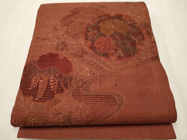 平和屋着物●中国三大刺繍　スワトウ相良刺繍　総刺繍　太鼓柄袋帯　紬地　雪輪草花文　正絹　逸品　CAAT1039hy