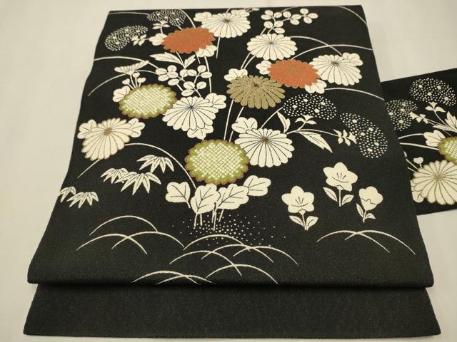 平和屋着物○九寸名古屋帯 友禅 草花文 黒地 正絹 逸品 CABA1096hy 平和