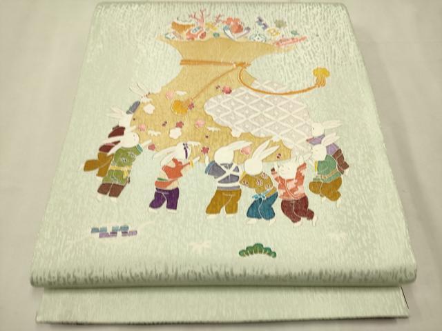 平和屋着物●児島廣和　アトリエ 聖jin苑　太鼓柄袋帯　兎　巾着　宝尽くし文　銀通し地　正絹　逸品　未使用　CAAT1165hy