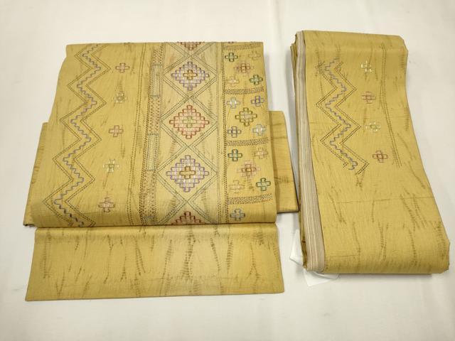 平和屋着物●つけ帯　花織　紬地　総刺繍　杢目絞り　吉祥間道　正絹　逸品　CAAT1183hy