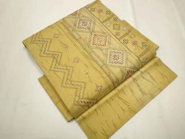 平和屋着物○つけ帯 花織 紬地 総刺繍 杢目絞り 吉祥間