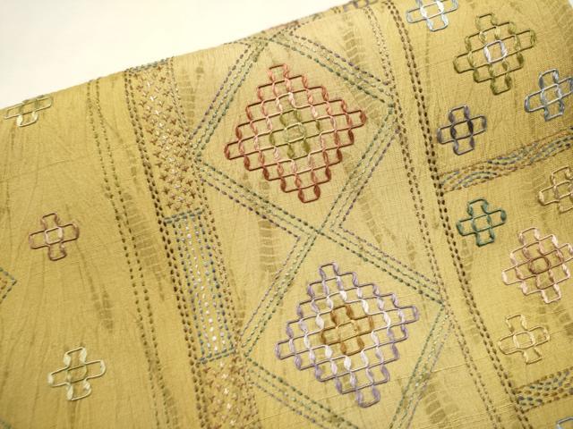 平和屋着物●つけ帯　花織　紬地　総刺繍　杢目絞り　吉祥間道　正絹　逸品　CAAT1183hy 平和屋着物○つけ帯 花織 紬地 総刺繍 杢目絞り 吉祥間