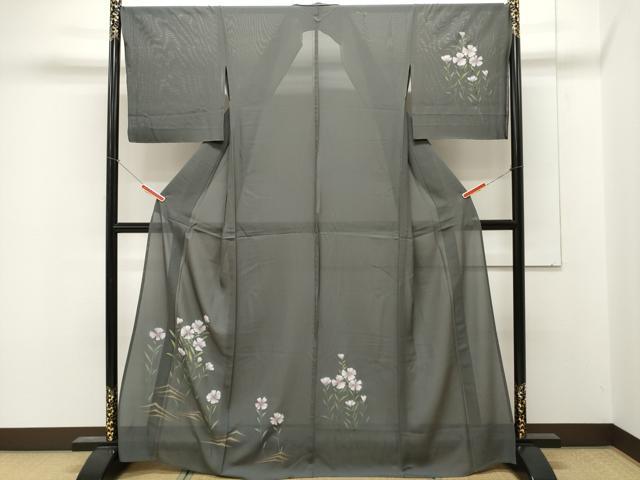 平和屋着物＊夏物　訪問着　絽　草花文　藍墨茶色　正絹　逸品　未使用　CAAT1374ev