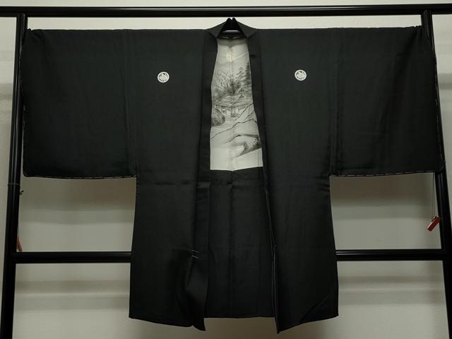 平和屋着物＃男性　長羽織　黒紋付き　キングサイズ　正絹　逸品　CAAT5852id