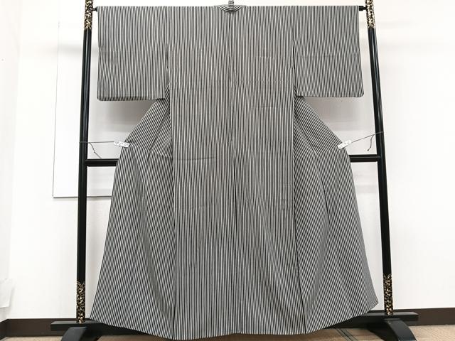 平和屋着物▽上質な小紋 単衣 縞 黒地 正絹 逸品 CAAT6548xi