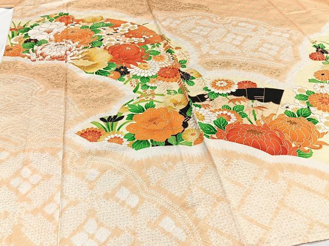 平和屋着物▽訪問着　単衣　絞り　扇面草花文　暈し染め　金彩　正絹　逸品　CAAT6550xi 平和屋着物▽訪問着 単衣 絞り 扇面草花文 暈し染め 金彩