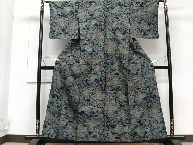 平和屋着物▽上質な紬　単衣　花唐草文　正絹　逸品　CAAT6575xi 平和屋着物▽上質な紬 単衣 花唐草文 正絹 逸品 CAAT6575xi