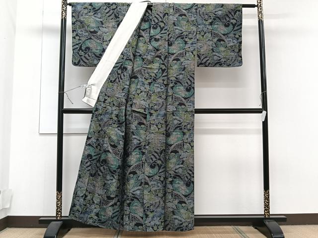 平和屋着物▽上質な紬 単衣 花唐草文 正絹 逸品 CAAT6575xi