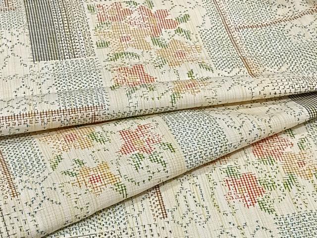 平和屋着物▽上質な紬　単衣　色紙草花文　正絹　逸品　CAAT6622xi