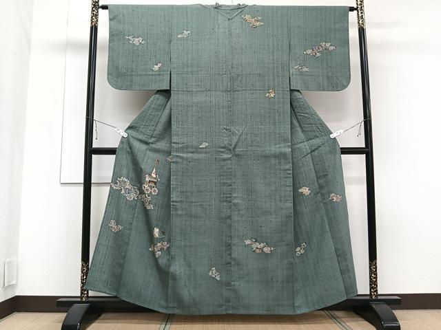 平和屋着物▽訪問着　単衣　紬地　型染め　花鳥吉祥文　鈴乃屋扱い　正絹　逸品　CAAT6636xi