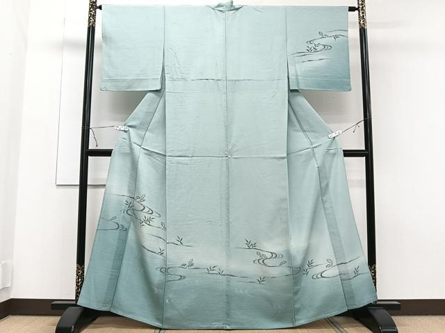 平和屋着物▽訪問着　単衣　紬地　手描き　流水草木文　正絹　逸品　CAAT6640xi