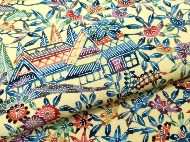 平和屋着物○上質な小紋 紬地 型染め 風景草花文 正絹 逸品