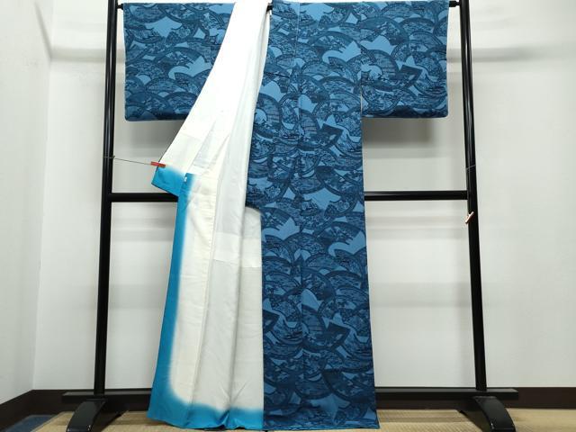 平和屋着物○上質な小紋 紬地 藍 型染め 草花文 正絹 逸品