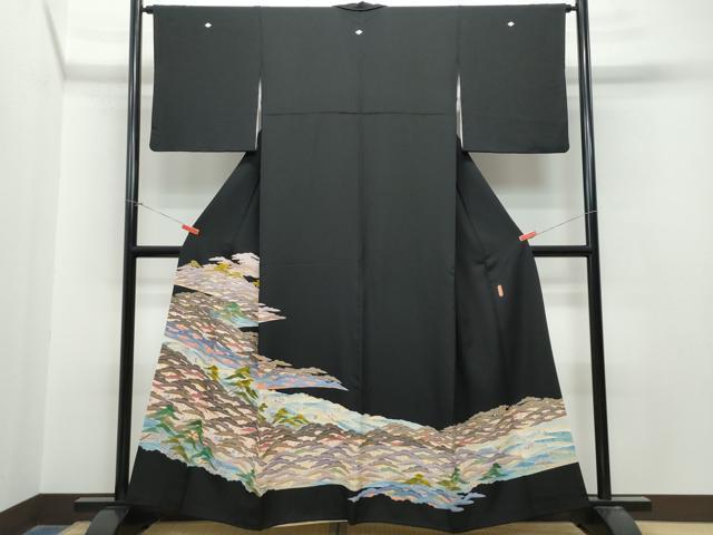 黒留袖 人間国宝【二塚長生】本場加賀友禅 白上げ 波文様 正絹 袷着物