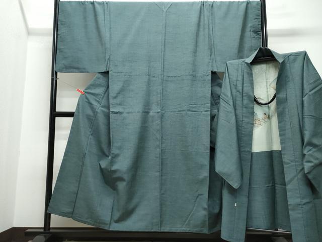 平和屋着物●男性　紬　アンサンブル　錆鉄御納戸色　キングサイズ　正絹　逸品　CAAT7100vf